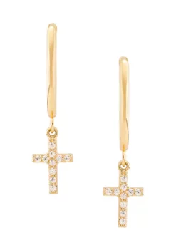 Buy 🤩 Oval Huggies with Cross Drop Earrings in 10K Yellow Gold by Belk & Co. 🎁