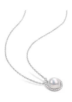 Discount ⭐ 8-8.5mm Freshwater Cultured Pearl and Diamond Accent Halo Pendant with Chain in Sterling Silver by Belk & Co. 😉 -DealsBelk & Co. Store Belk 10057