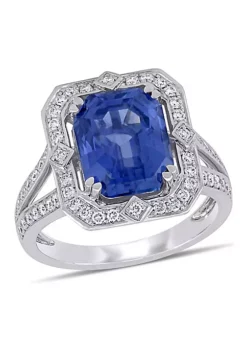 Discount ❤️ 6.48 ct. t.g.w. Blue Sapphire and 1/2 ct. t.w. Diamond Halo Split Shank Ring in 14K White Gold by Belk & Co. 🤩