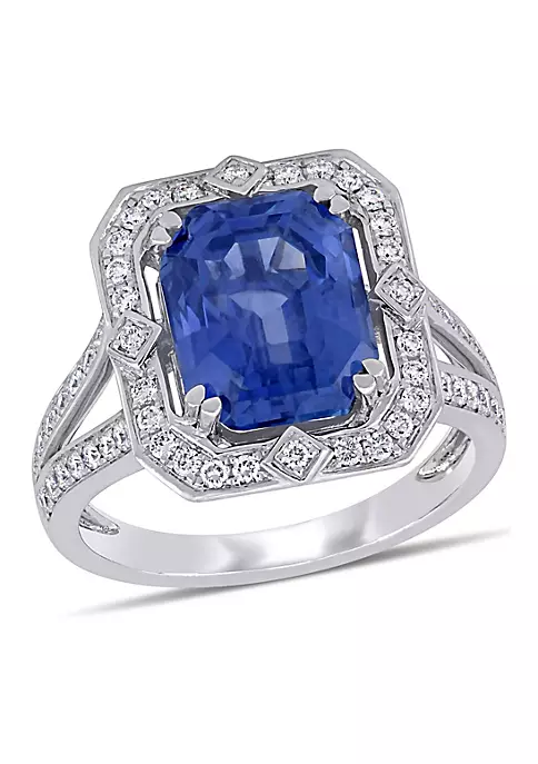 Discount ❤️ 6.48 ct. t.g.w. Blue Sapphire and 1/2 ct. t.w. Diamond Halo Split Shank Ring in 14K White Gold by Belk & Co. 🤩 1 Discount ❤️ 6.48 ct. t.g.w. Blue Sapphire and 1/2 ct. t.w. Diamond Halo Split Shank Ring in 14K White Gold by Belk & Co. 🤩