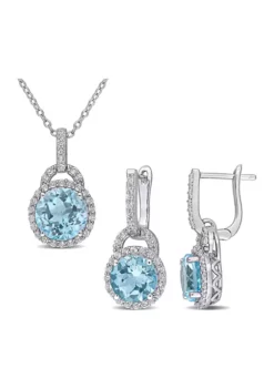 Promo 👍 2-Piece Set 9 5/8 CT TGW Blue Topaz and White Topaz Halo Pendant with Chain and Hoop Halo Charm Earrings in Sterling Silver by Belk & Co. 🎉
