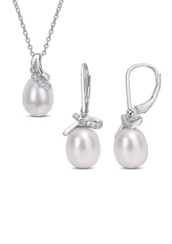 Flash Sale 🔔 7.5-8 and 8.5-9 MM Cultured Freshwater Pearl and Diamond Accent Leverback Earrings and Pendant with Chain 2-Piece Set in Sterling Silver by Belk & Co. 😉 -DealsBelk & Co. Store Belk 10425