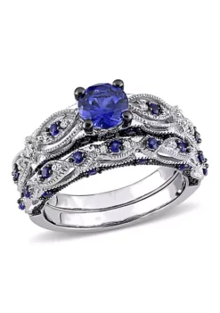 Promo 👍 1.71 ct. t.g.w. Created Blue Sapphire and 1/10 ct. t.w. Diamond Bridal Ring Set in 10K White Gold Black Rhodium Plated by Belk & Co. ⭐