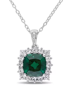 Outlet 😉 Created Emerald, Created White Sapphire and Diamond Halo Pendant with Chain in Sterling Silver by Belk & Co. 🛒