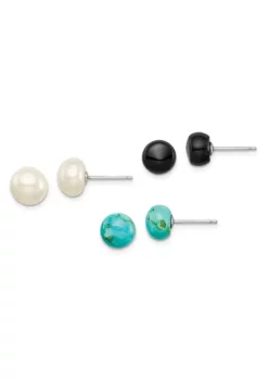 Deals 👏 Sterling Silver 8-8.5mm Button Freshwater Cultured Pearl / Stab. Turquoise / Black Agate Earrings Set by Belk & Co. 👍