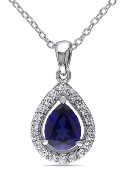 Hot Sale 🧨 Lab Created Created Blue and Created White Sapphire Teardrop Halo Pendant with Chain in Sterling Silver by Belk & Co. ✔️