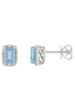 Best Pirce ❤️ Sterling Silver 6x4mm Emerald Cut Aquamarine Diamond Accent Halo Stud Earrings by Belk & Co. 🎉 -DealsBelk & Co. Store Belk 10810
