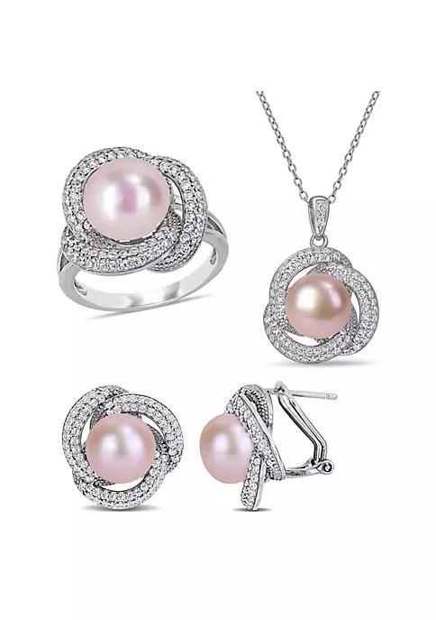 New 👍 3-Piece Set of 9-10.5MM Pink Freshwater Cultured Pearl and 3.07 ct. t.g.w. Cubic Zirconia Ring, Earrings and Pendant with Chain in Sterling Silver by Belk & Co. 🛒 6 New 👍 3-Piece Set of 9-10.5MM Pink Freshwater Cultured Pearl and 3.07 ct. t.g.w. Cubic Zirconia Ring, Earrings and Pendant with Chain in Sterling Silver by Belk & Co. 🛒 - Image 6