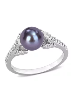 Best reviews of 🌟 7-7.5 Millimeter Black Freshwater Cultured Pearl and Diamond Accent Split Shank Ring in Sterling Silver by Belk & Co. 🔔