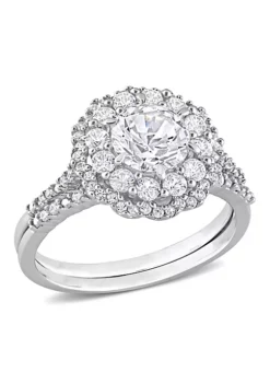Best Sale 🤩 Lab Created Created White Sapphire and 1/10 CT TW Diamond Accent Double Halo Floral Design Bridal Ring Set in 10k White Gold by Belk & Co. 😍