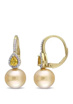 Best Sale 😉 9 to 9.5 Millimeter Golden South Sea Pearl, 3/8 ct. t.w. Yellow Sapphire and 1/8 ct. t.w. Diamond Drop Earrings in 14k Yellow Gold by Belk & Co. 🎁 -DealsBelk & Co. Store Belk 11133