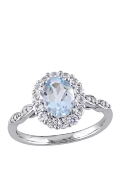 Hot Sale 🔥 1.13 ct t.w. Aquamarine, White Topaz, and 1/10 ct. t.w. Diamond Accent Halo Vintage Ring in 14K White Gold by Belk & Co. ✔️