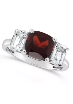 New ๐ฅ Sterling Silver 8mm Cushion Garnet and White Topaz Three-Stone Ring by Belk & Co. ๐