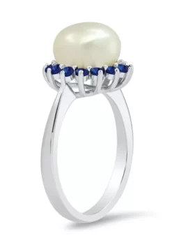 New 👍 Sterling Silver 9mm Cultured Pearl and Created Blue Sapphire Gemstone Ring by Belk & Co. ⭐ -DealsBelk & Co. Store Belk 11463