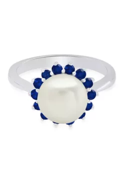 New 👍 Sterling Silver 9mm Cultured Pearl and Created Blue Sapphire Gemstone Ring by Belk & Co. ⭐ -DealsBelk & Co. Store Belk 11465