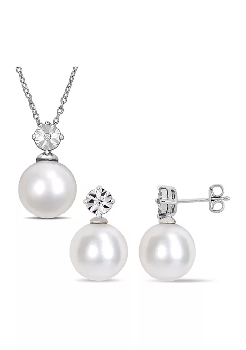 New โ 11-12mm Cultured Freshwater Pearl and Diamond Accent Drop Earrings and Pendant with Chain Set in Sterling Silver by Belk & Co. ๐ 1 New โ 11-12mm Cultured Freshwater Pearl and Diamond Accent Drop Earrings and Pendant with Chain Set in Sterling Silver by Belk & Co. ๐