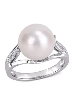 Cheap 👍 11-12 mm Cultured Freshwater Pearl and Diamond-Accent Split Shank Ring in Sterling Silver by Belk & Co. 🤩