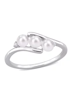 Outlet 🎉 3.5-4 Millimeter Freshwater Cultured Pearl and Diamond Accent 3-Stone Bypass Ring in Sterling Silver by Belk & Co. ❤️