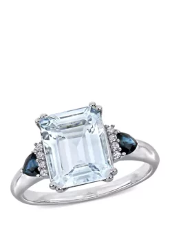 Discount 🔔 3 ct. t.w. Ice Aquamarine, 1/3 ct. t.w. Sapphire, and 1/10 ct. t.w. Diamond Accent 3-Stone Ring in Sterling Silver by Belk & Co. ⭐