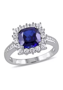 Wholesale ⌛ Lab Created 0.05 CT TW Diamond And 3 3/5 CT TGW Cushion Cut Created Blue Sapphire, Created White Sapphire Halo Ring in Sterling Silver by Belk & Co. 🎉 -DealsBelk & Co. Store Belk 11940