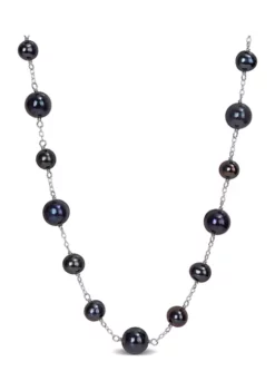Outlet ✔️ 6.5-8.5mm Black Freshwater Cultured Pearl Station Necklace in Sterling Silver by Belk & Co. 👏