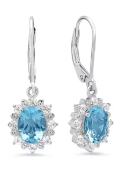 Buy ❤️ Sterling Silver Halo Sunburst Oval Blue Topaz Lever Back Earrings (8 mm x 6 mm) by Belk & Co. 👍
