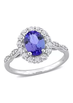 Deals ⌛ Oval Shape Tanzanite, White Topaz and Diamond Accent Vintage Halo Ring in 14k White Gold by Belk & Co. 🔔