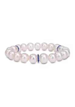 Best Pirce 🌟 Lab Created 9-9.5 MM Cultured Freshwater Pearl and 2/5 CT TGW Created Blue Sapphire and Diamond Bracelet in Sterling Silver by Belk & Co. ⌛