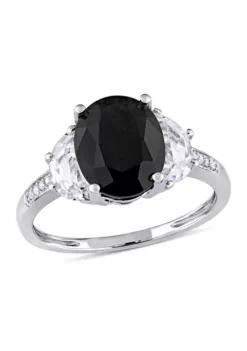 Best Sale ⌛ 4 3/8 CT TGW Black Sapphire, Created White Sapphire and Diamond Accent Cocktail Ring in Sterling Silver by Belk & Co. 👍