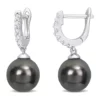 Best deal 👍 8.5-9mm Black Tahitian Pearl and 3/8 CT TGW White Topaz Drop Cuff Earrings in Sterling Silver by Belk & Co. ❤️