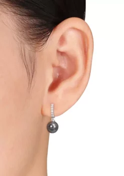 Best deal 👍 8.5-9mm Black Tahitian Pearl and 3/8 CT TGW White Topaz Drop Cuff Earrings in Sterling Silver by Belk & Co. ❤️ -DealsBelk & Co. Store Belk 12523