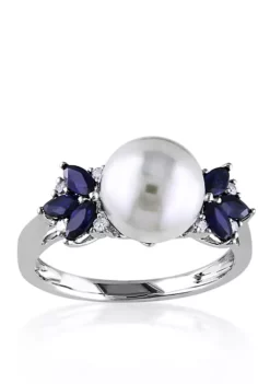 Best Sale 😀 10k White Gold Cultured Freshwater Pearl, Diamond, and Sapphire Ring by Belk & Co. ❤️ -DealsBelk & Co. Store Belk 12658