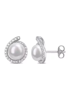 Wholesale 🎉 8-8.5mm Freshwater Cultured Pearl and Diamond Accent Halo Stud Earrings in Sterling Silver by Belk & Co. ✔️