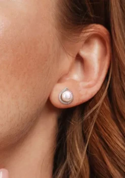 Wholesale 🎉 8-8.5mm Freshwater Cultured Pearl and Diamond Accent Halo Stud Earrings in Sterling Silver by Belk & Co. ✔️ -DealsBelk & Co. Store Belk 12694