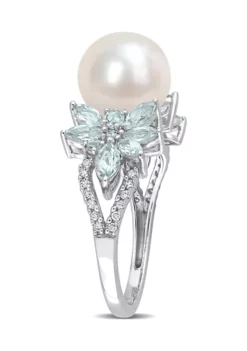 Best Pirce 🔔 9-9.5mm Cultured Freshwater Pearl and 3/5 CT TGW Aquamarine and 1/8 CT TW Diamond Flower Ring in 14k White Gold by Belk & Co. 😀 -DealsBelk & Co. Store Belk 12708