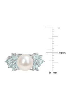 Best Pirce 🔔 9-9.5mm Cultured Freshwater Pearl and 3/5 CT TGW Aquamarine and 1/8 CT TW Diamond Flower Ring in 14k White Gold by Belk & Co. 😀 -DealsBelk & Co. Store Belk 12709