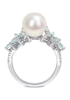 Best Pirce 🔔 9-9.5mm Cultured Freshwater Pearl and 3/5 CT TGW Aquamarine and 1/8 CT TW Diamond Flower Ring in 14k White Gold by Belk & Co. 😀 -DealsBelk & Co. Store Belk 12710