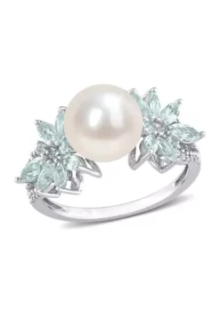 Best Pirce 🔔 9-9.5mm Cultured Freshwater Pearl and 3/5 CT TGW Aquamarine and 1/8 CT TW Diamond Flower Ring in 14k White Gold by Belk & Co. 😀 -DealsBelk & Co. Store Belk 12711
