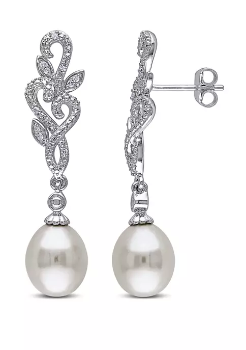 Outlet 😉 Pearl and 1/10 ct. t.w. Diamond Floral Drop Earrings in Sterling Silver by Belk & Co. ⌛ 1 Outlet 😉 Pearl and 1/10 ct. t.w. Diamond Floral Drop Earrings in Sterling Silver by Belk & Co. ⌛