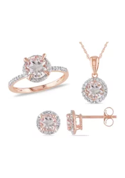 Promo 🌟 3 ct. t.w. Morganite and 1/5 ct. t.w. Diamond Halo Ring, Necklace, and Stud Earrings Set in 10k Rose Gold by Belk & Co. 👏