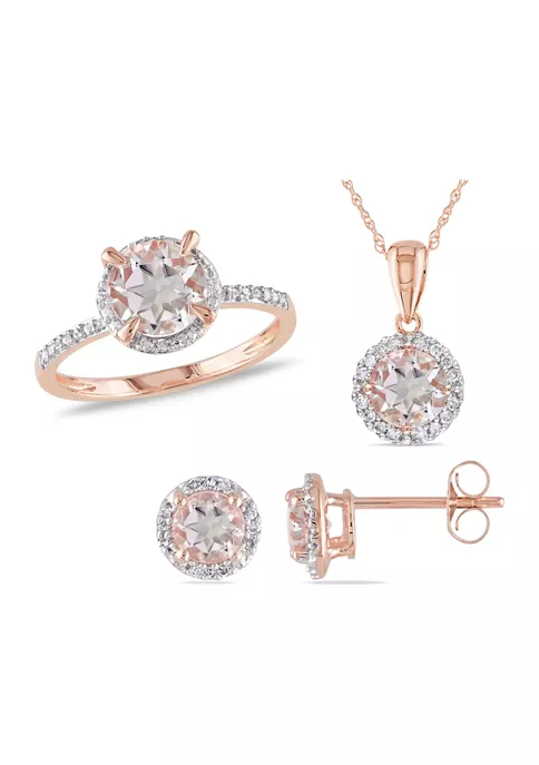 Promo 🌟 3 ct. t.w. Morganite and 1/5 ct. t.w. Diamond Halo Ring, Necklace, and Stud Earrings Set in 10k Rose Gold by Belk & Co. 👏 1 Promo 🌟 3 ct. t.w. Morganite and 1/5 ct. t.w. Diamond Halo Ring, Necklace, and Stud Earrings Set in 10k Rose Gold by Belk & Co. 👏