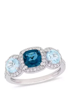 Hot Sale 😍 2.17 ct. t.w. London and Sky-Blue Topaz and 1/3 ct. t.w. Diamond 3-Stone Halo Ring in Sterling Silver by Belk & Co. 💯