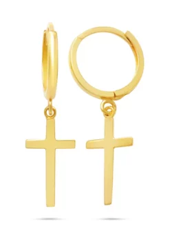 Hot Sale 🎉 10K Solid Yellow or White Gold Minimalist Huggie Hoop Earrings with Dangle Cross by Belk & Co. 😉