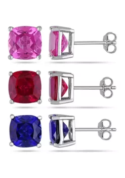 Cheap 😍 Lab Created 18 ct. t.g.w. Created Ruby, Created Blue and Pink Sapphire Stud Earrings 3-Piece Set in Sterling Silver by Belk & Co. 🎁