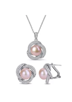 Promo ❤️ 2-Piece Set of 9.5-10.5MM Pink Freshwater Cultured Pearl and 2.39 ct. t.g.w. Cubic Zirconia Earrings and Pendant with Chain in Sterling Silver by Belk & Co. 🌟 -DealsBelk & Co. Store Belk 13286