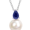 New 😀 Lab Created 8.5-9mm White Freshwater Cultured Pearl and 5/8 CT TGW Created Blue Sapphire Solitaire Pendant with Chain in Sterling Silver by Belk & Co. 🎁