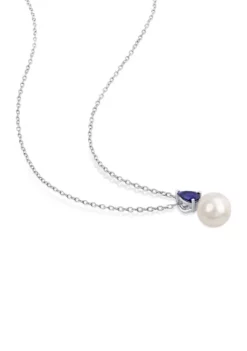 New 😀 Lab Created 8.5-9mm White Freshwater Cultured Pearl and 5/8 CT TGW Created Blue Sapphire Solitaire Pendant with Chain in Sterling Silver by Belk & Co. 🎁 -DealsBelk & Co. Store Belk 13294
