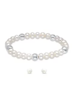 Best reviews of ✔️ Fresh Water Pearl and Silver Bead Strand Stretch Bracelet and Stud Earrings 2PC SET, Sterling Silver by Belk & Co. ✨