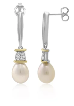 Cheap 😍 Freshwater Pearl & White Topaz Drop Earrings in Sterling Silver and 14K Yellow Gold by Belk & Co. 😀