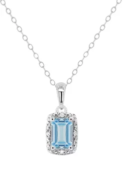 Best Sale โ๏ธ Sterling Silver 6x4mm Emerald Cut Aquamarine Diamond Accent Halo Pendant Necklace by Belk & Co. ๐